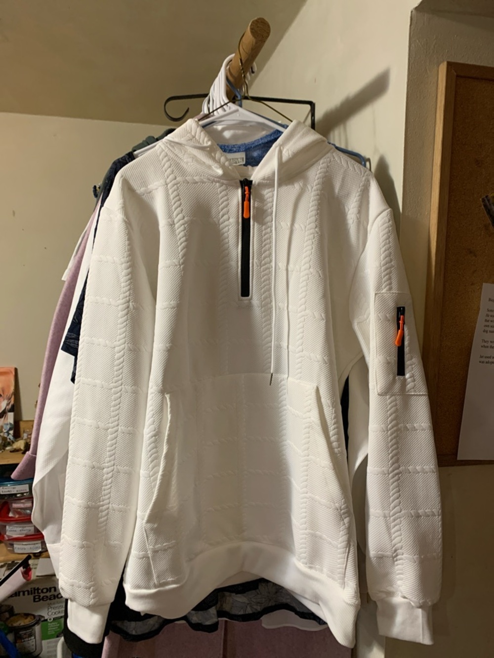 White Quilted Hooded Pullover with Orange Zip Pull Size Small